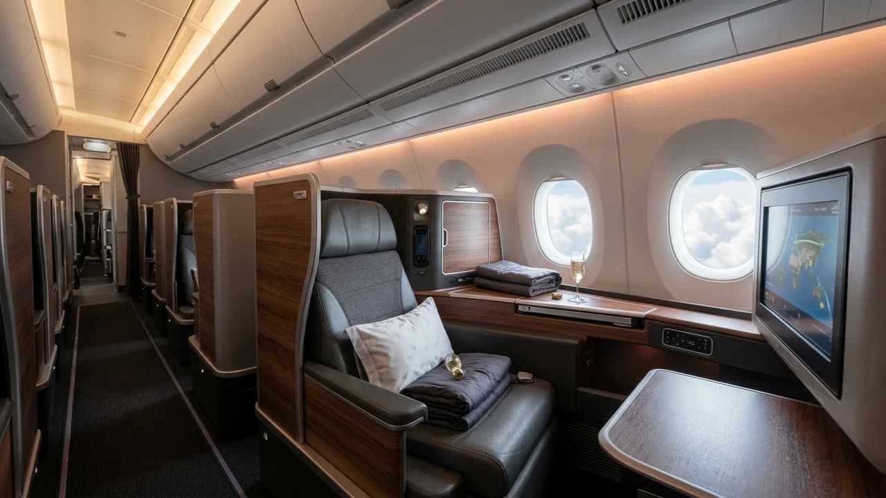 Aegean Airlines business class cabin with lie-flat suite and premium amenities
