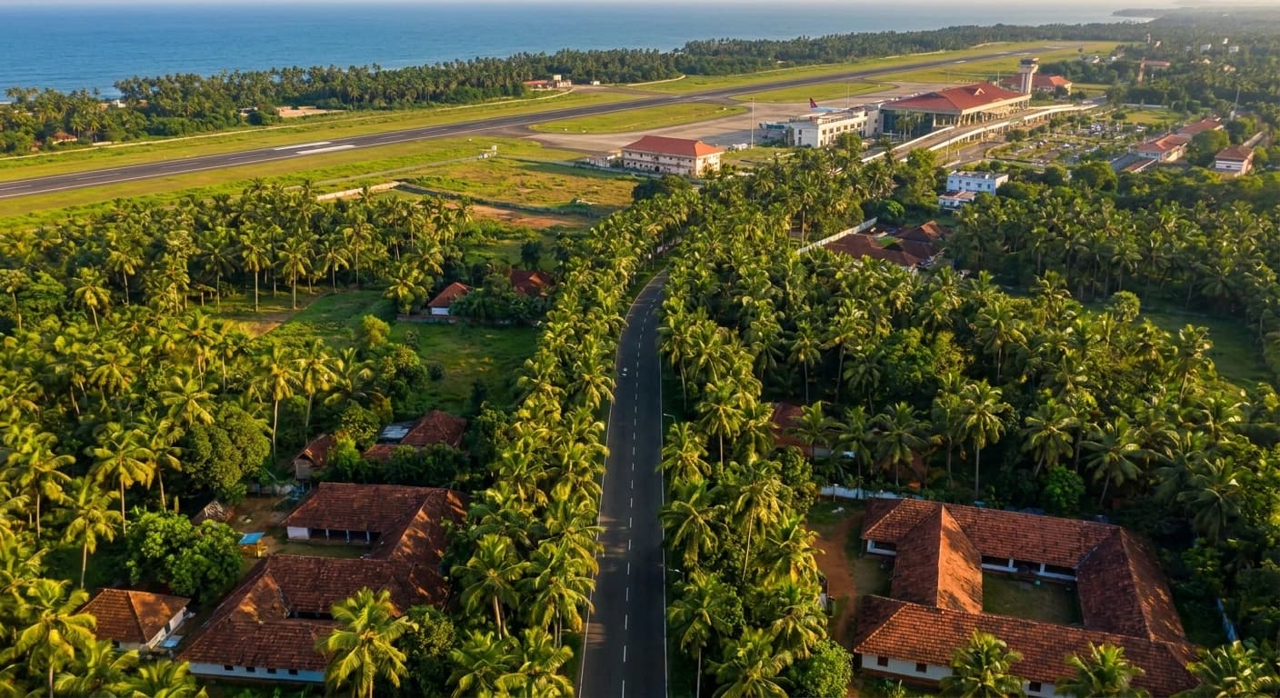 Tropical approach to Trivandrum International Airport with palm-lined landscape