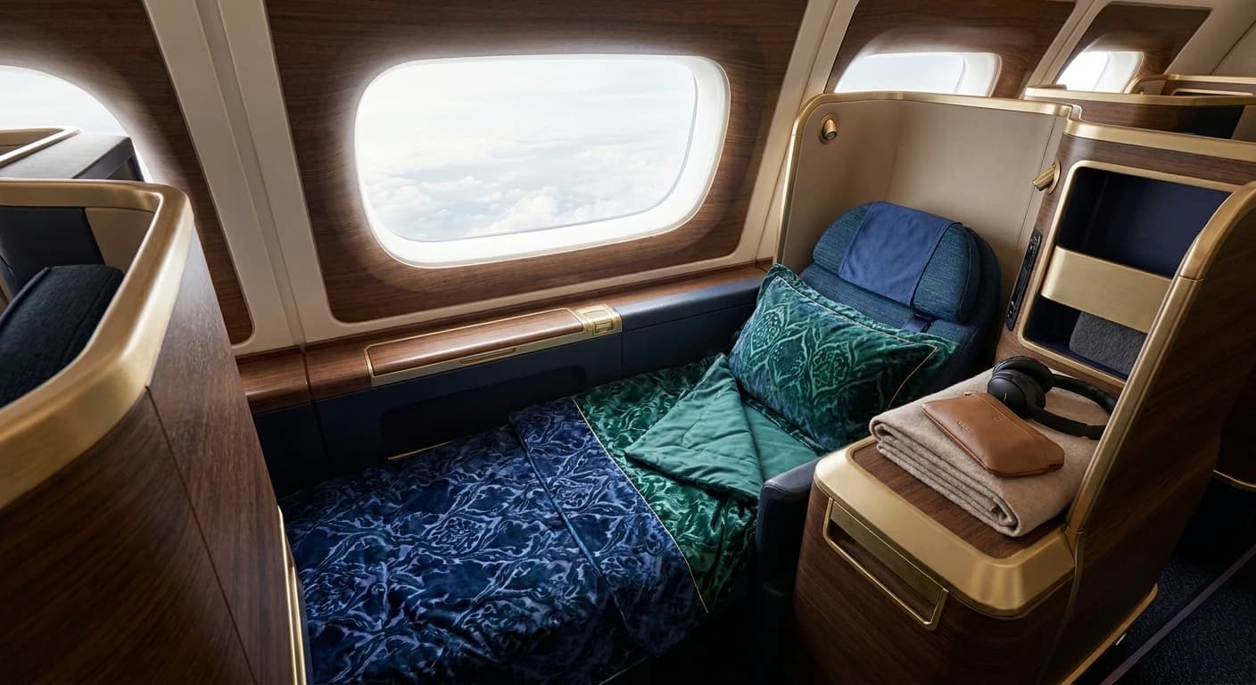 Business class lie-flat suite with premium bedding on Gulf carrier flight