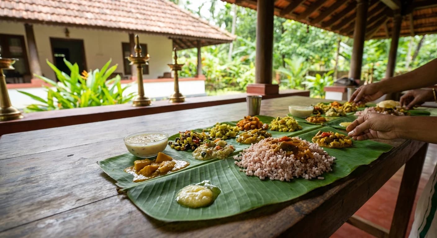 Traditional Kerala sadhya feast served on banana leaf with multiple dishes
