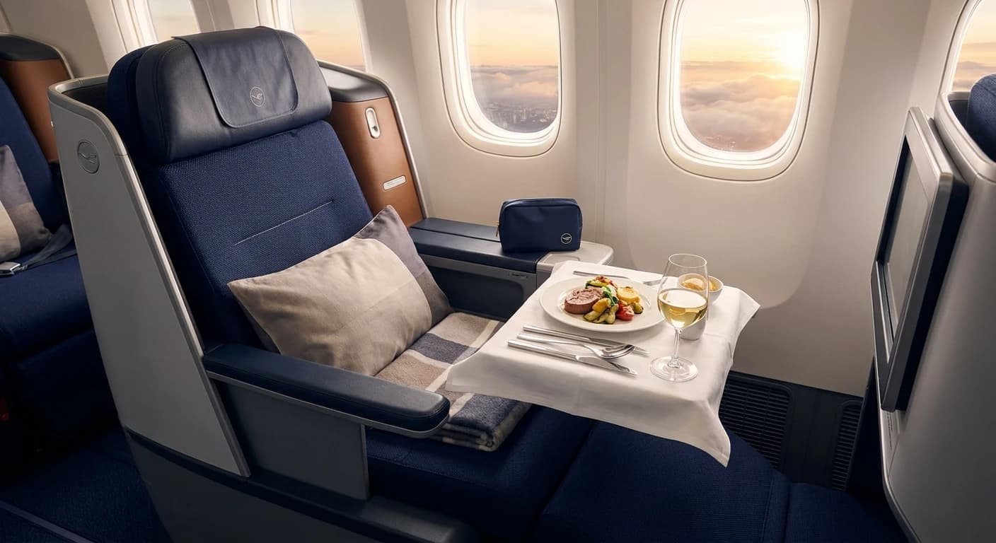 Lufthansa business class lie-flat seat with premium amenity kit and dining service