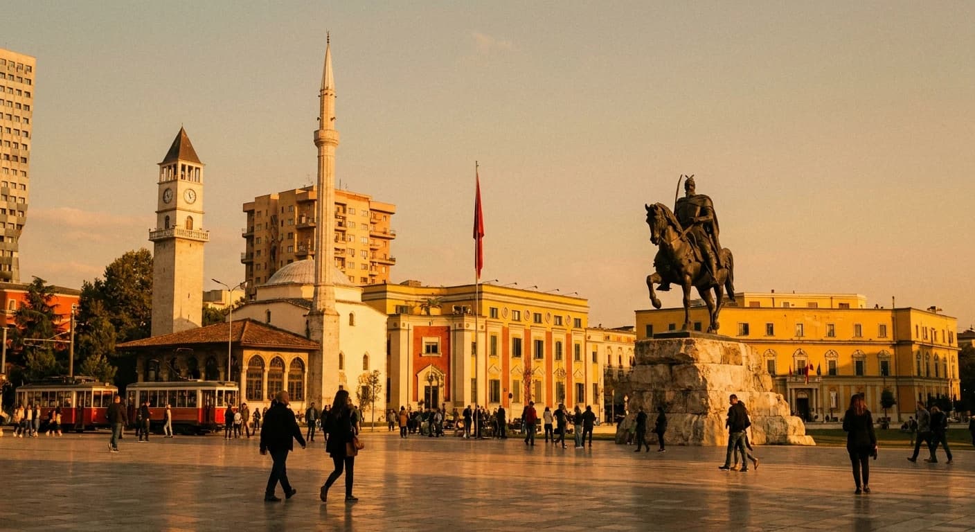 Skanderbeg Square and surrounding landmarks in Tirana at golden hour