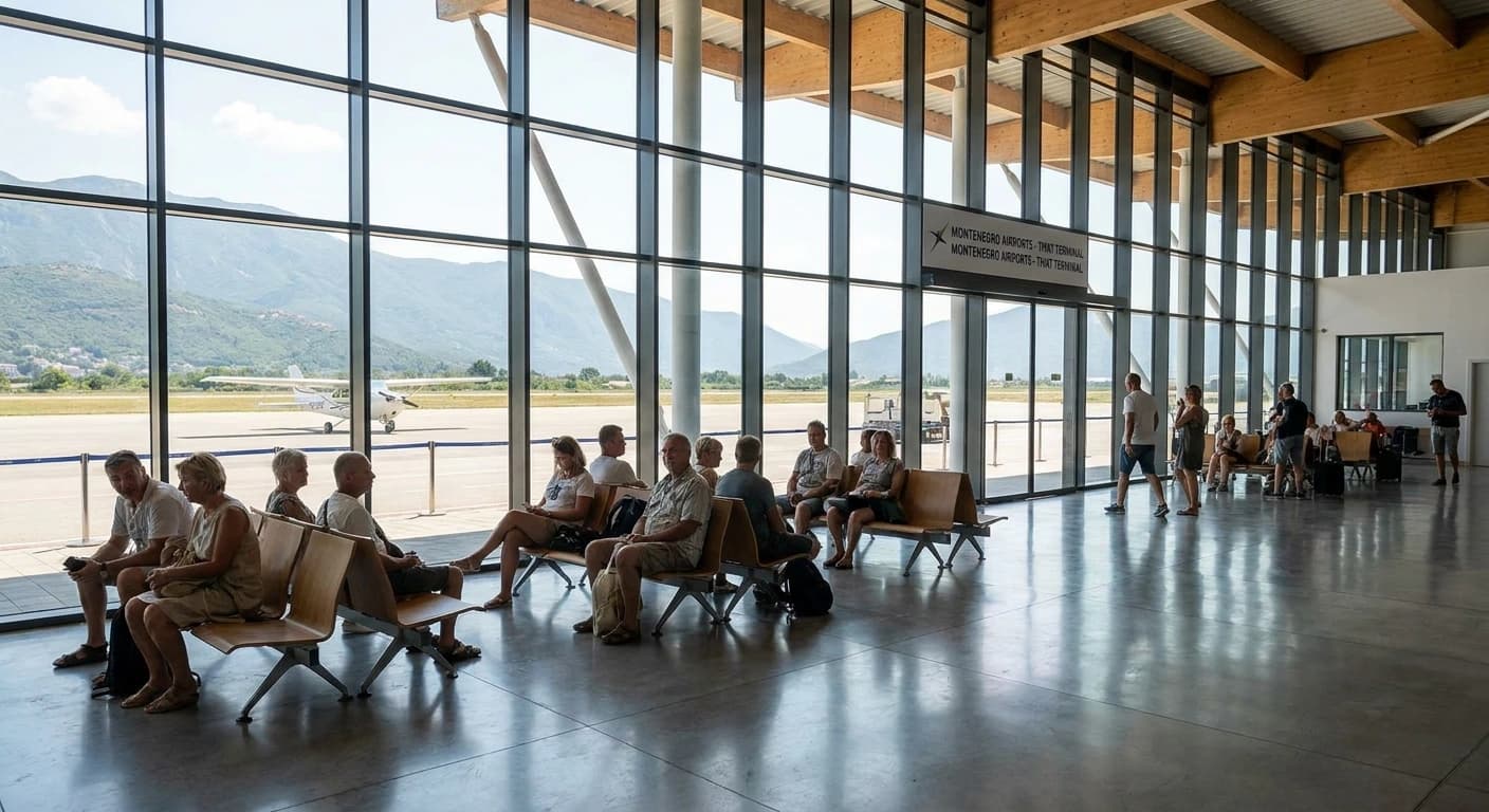Tivat Airport terminal with Bay of Kotor visible in the background