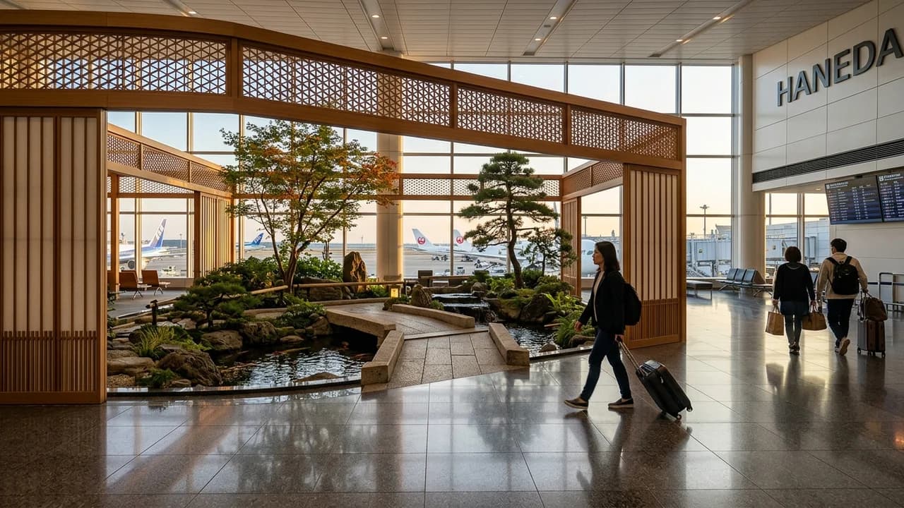 Tokyo Haneda Airport international terminal with indoor Japanese garden and modern architecture