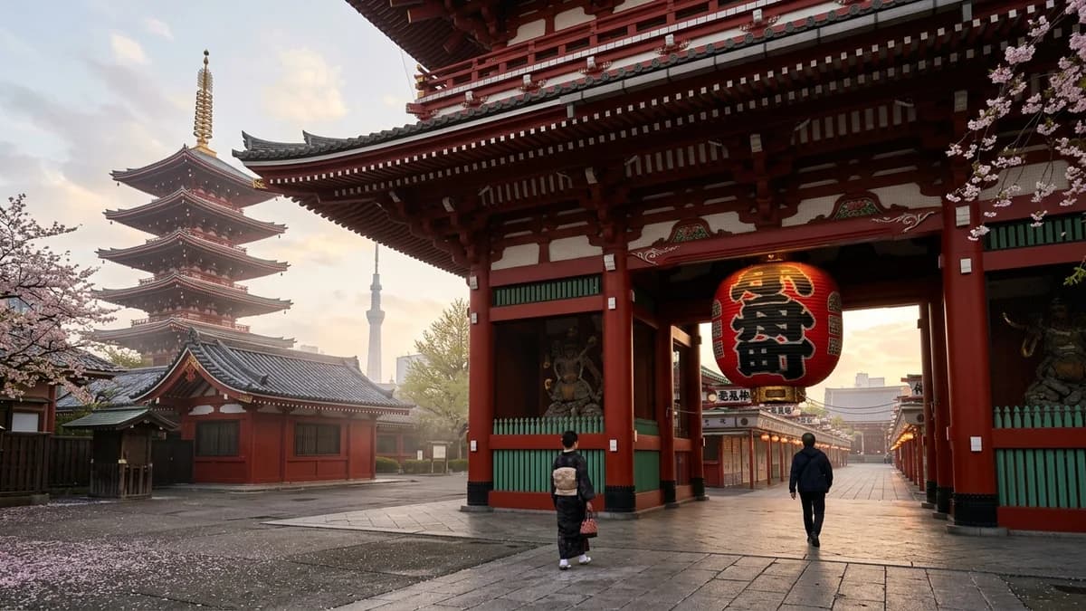 Early morning at Senso-ji temple with the iconic Thunder Gate and Tokyo Skytree in the background