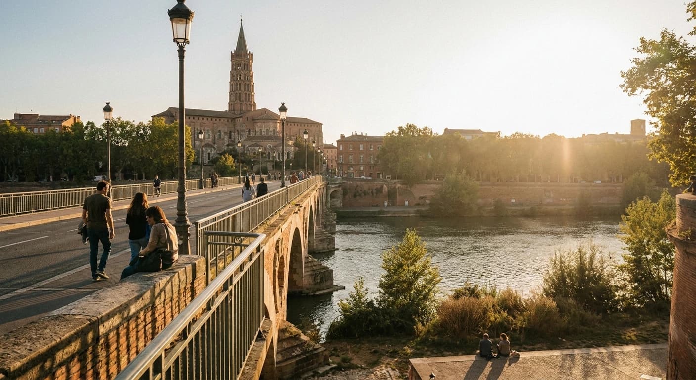 Basilica of Saint-Sernin in Toulouse glowing pink at golden hour with medieval architecture