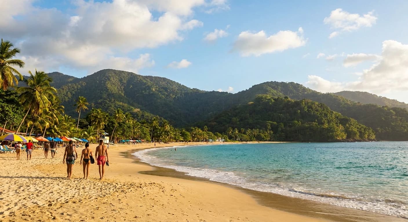 Maracas Bay beach with lush green mountains and turquoise Caribbean waters in Trinidad