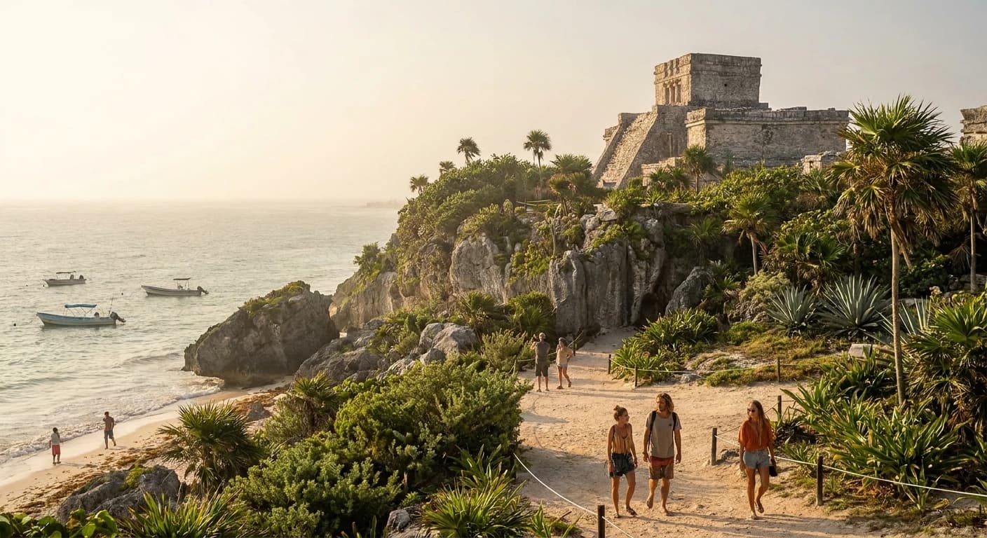 Ancient Mayan ruins on clifftop overlooking turquoise Caribbean waters in Tulum