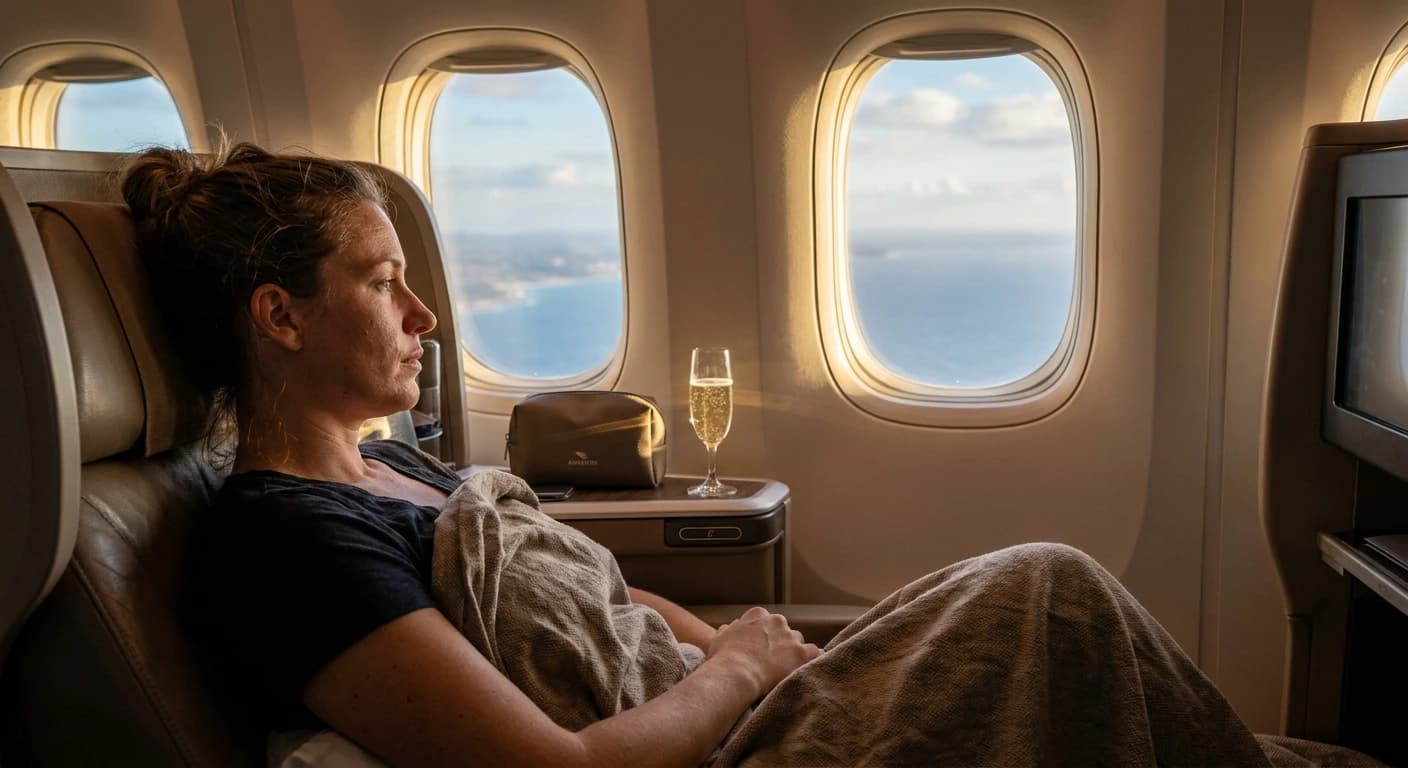 Lie-flat business class suite with premium bedding and privacy screen on flight to Tulum
