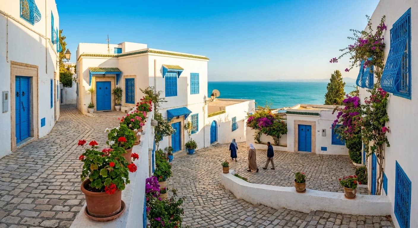 Blue doors and white walls of Sidi Bou Said village overlooking the Mediterranean