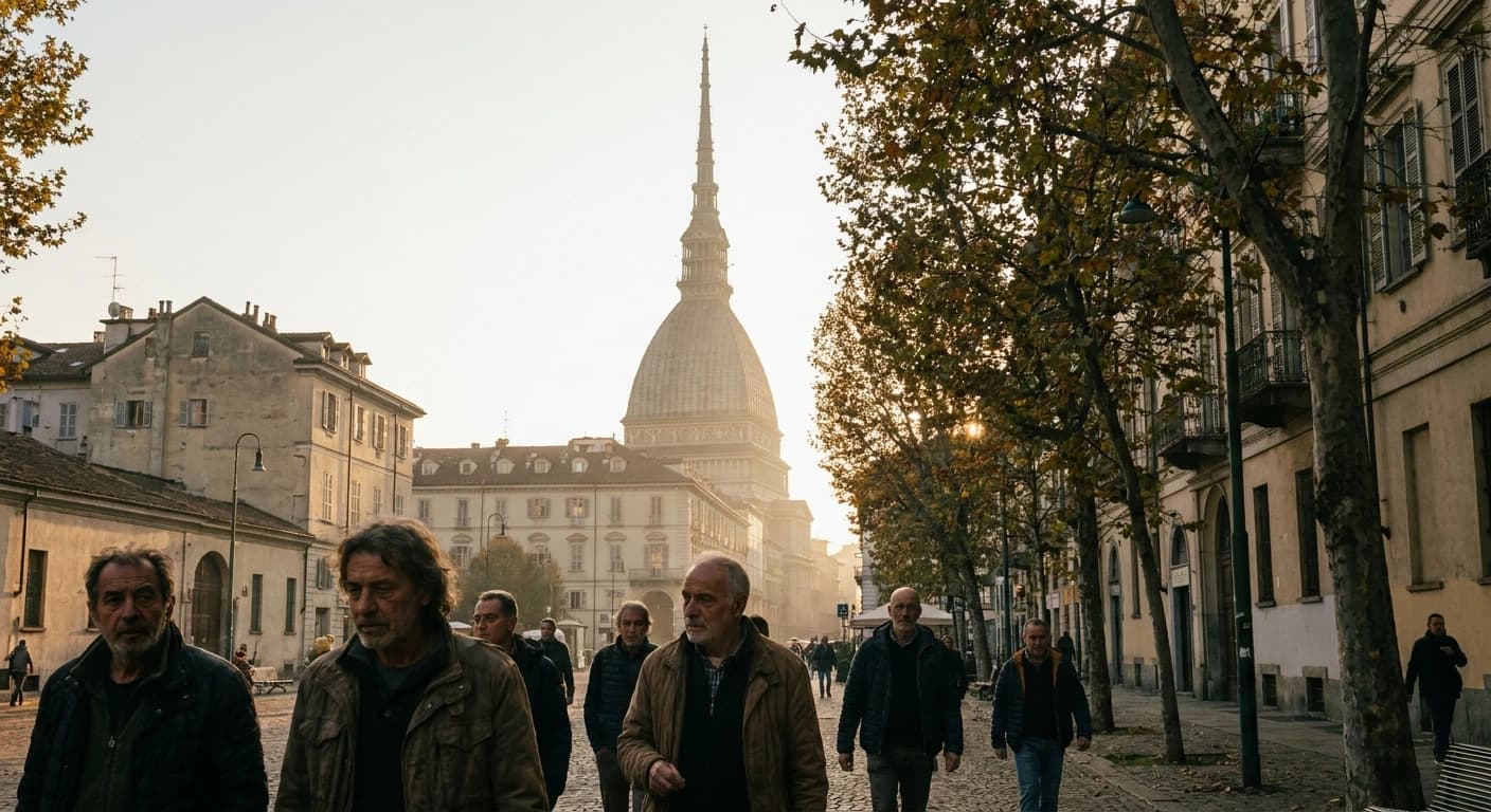 Mole Antonelliana tower reflected in Turin cityscape at golden hour