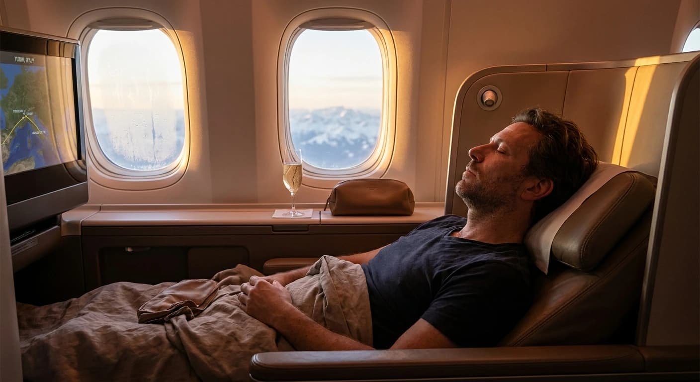 Lie-flat business class cabin seat with premium bedding and amenity kit