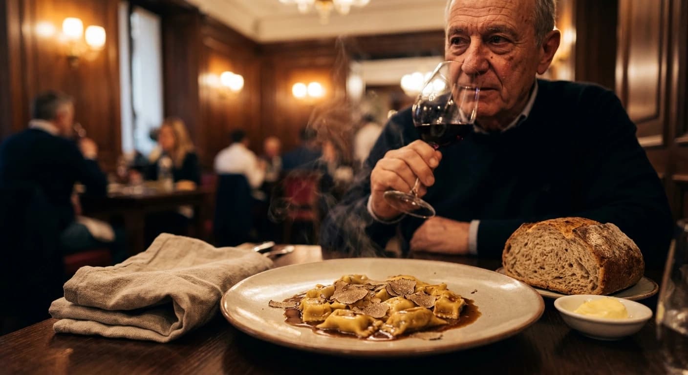Elegant Piedmontese dining with truffle pasta and Barolo wine in Turin