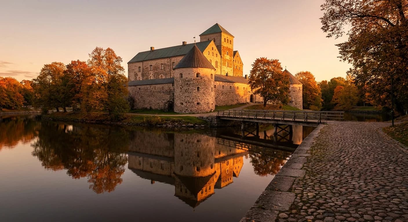Turku Castle medieval fortress reflected in the Aura River at golden hour