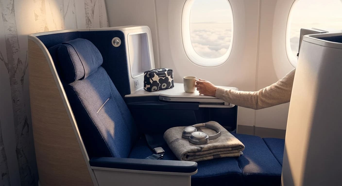 Finnair business class lie-flat cabin with Nordic-inspired premium amenities