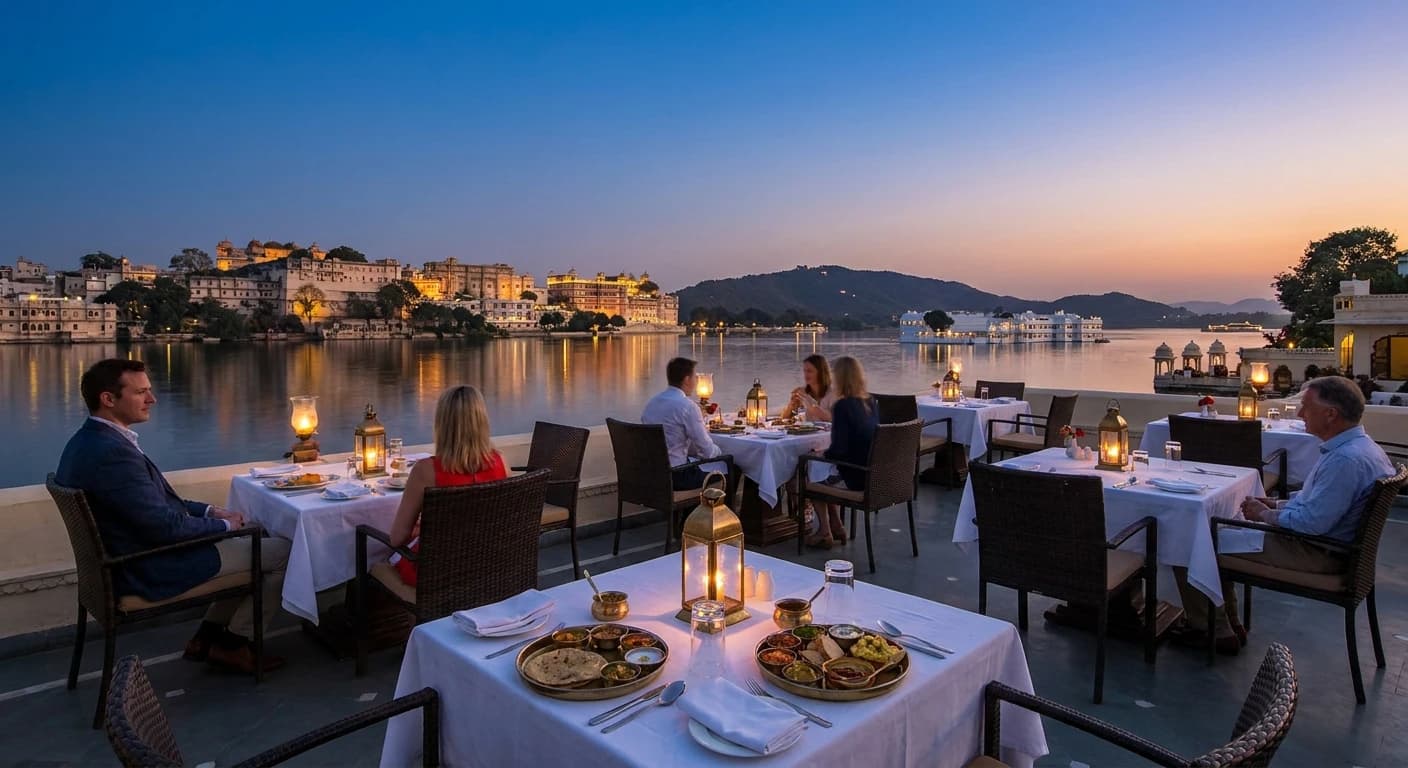 Lakeside dining setting in Udaipur with palace views at twilight