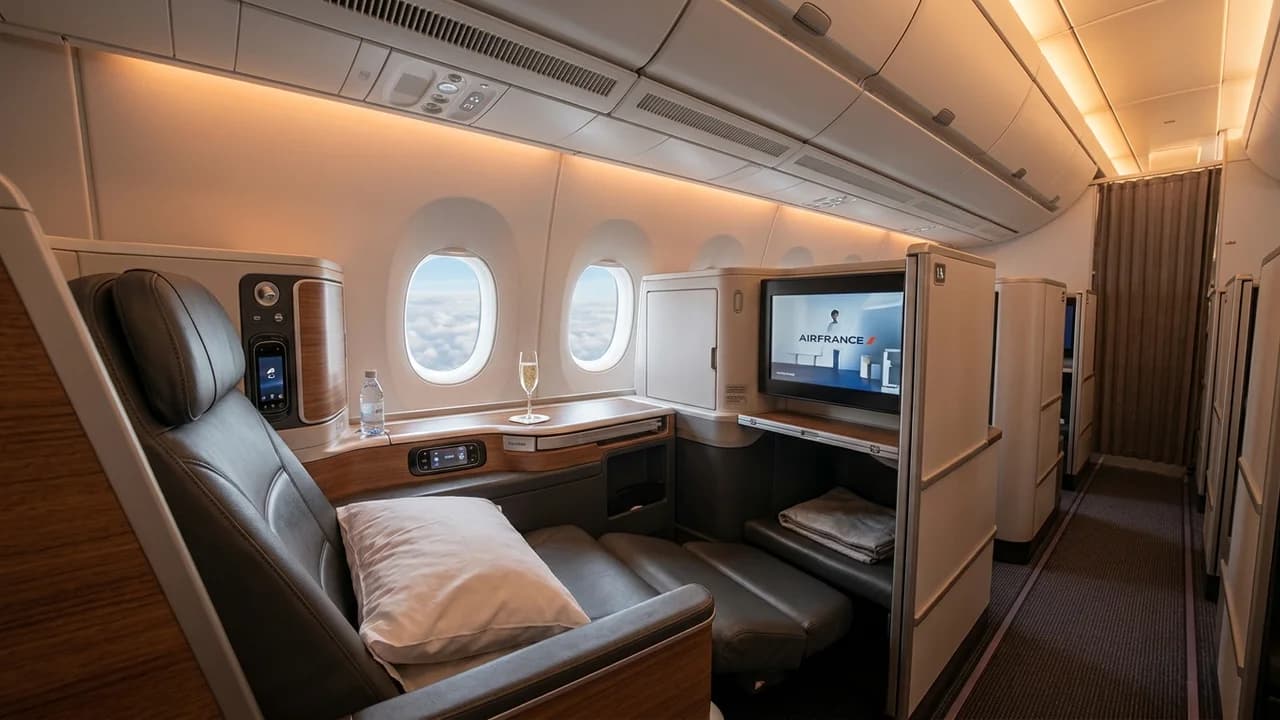 KM Malta Airlines business class cabin with lie-flat suite and premium amenities