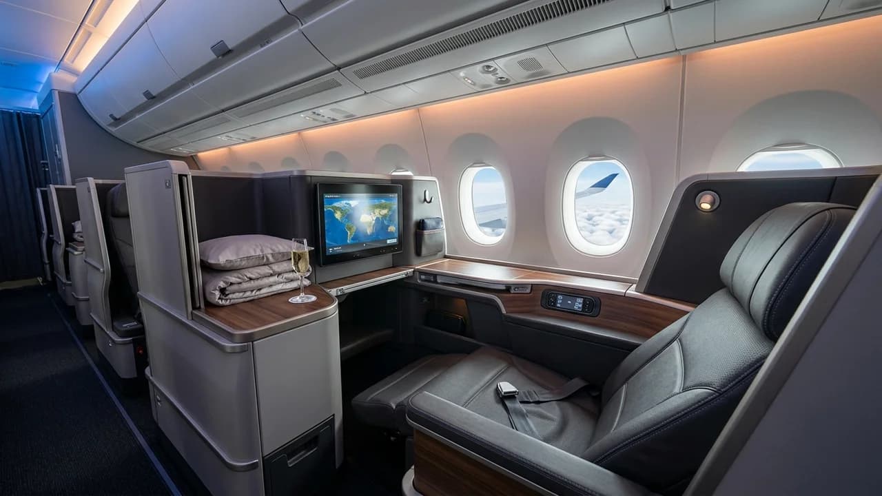 Air Canada business class cabin with lie-flat suite and premium amenities