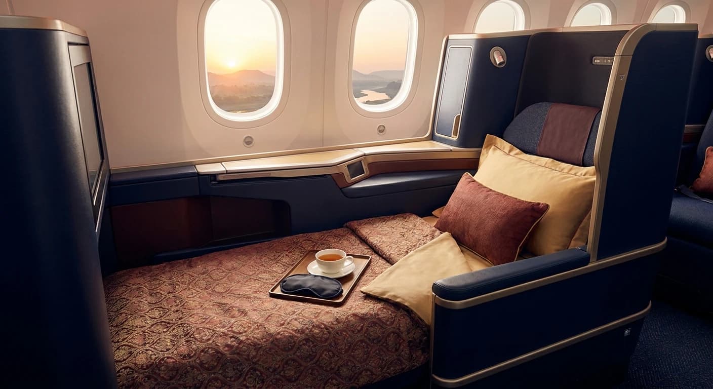 Premium business class suite with lie-flat bed configured for overnight India flight