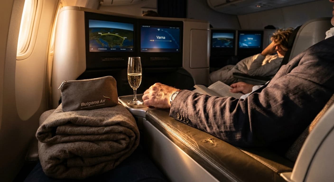Turkish Airlines business class cabin with lie-flat seat and premium dining service