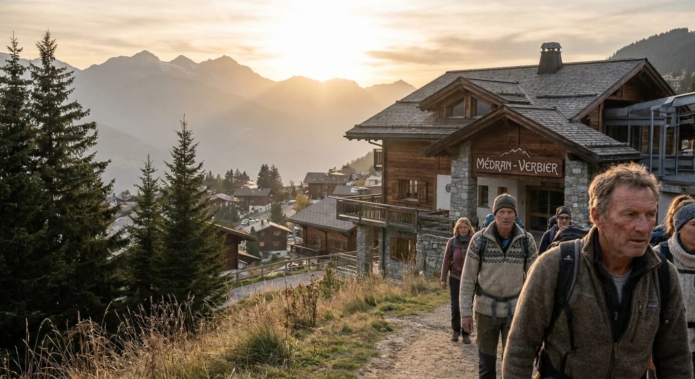 Mont Fort glacier and Four Valleys ski domain panorama from Verbier at golden hour