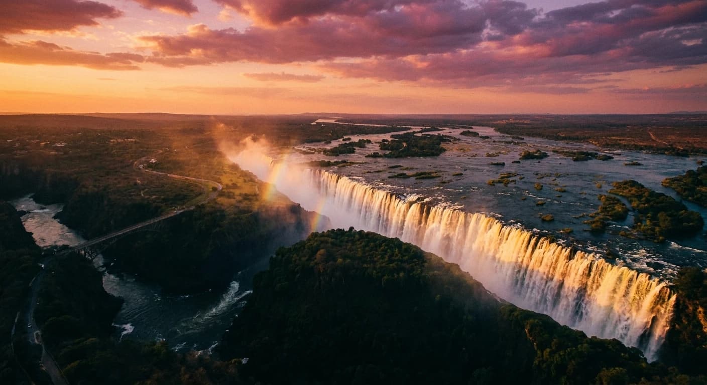 Victoria Falls cascading into the Batoka Gorge at sunset