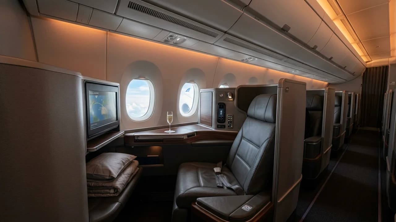 LOT Polish Airlines business class cabin with lie-flat suite and premium amenities