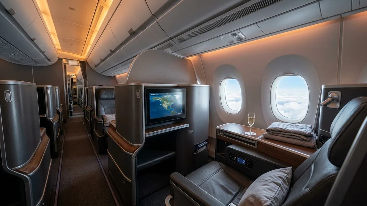 LOT Polish Airlines business class cabin with lie-flat suite and premium amenities