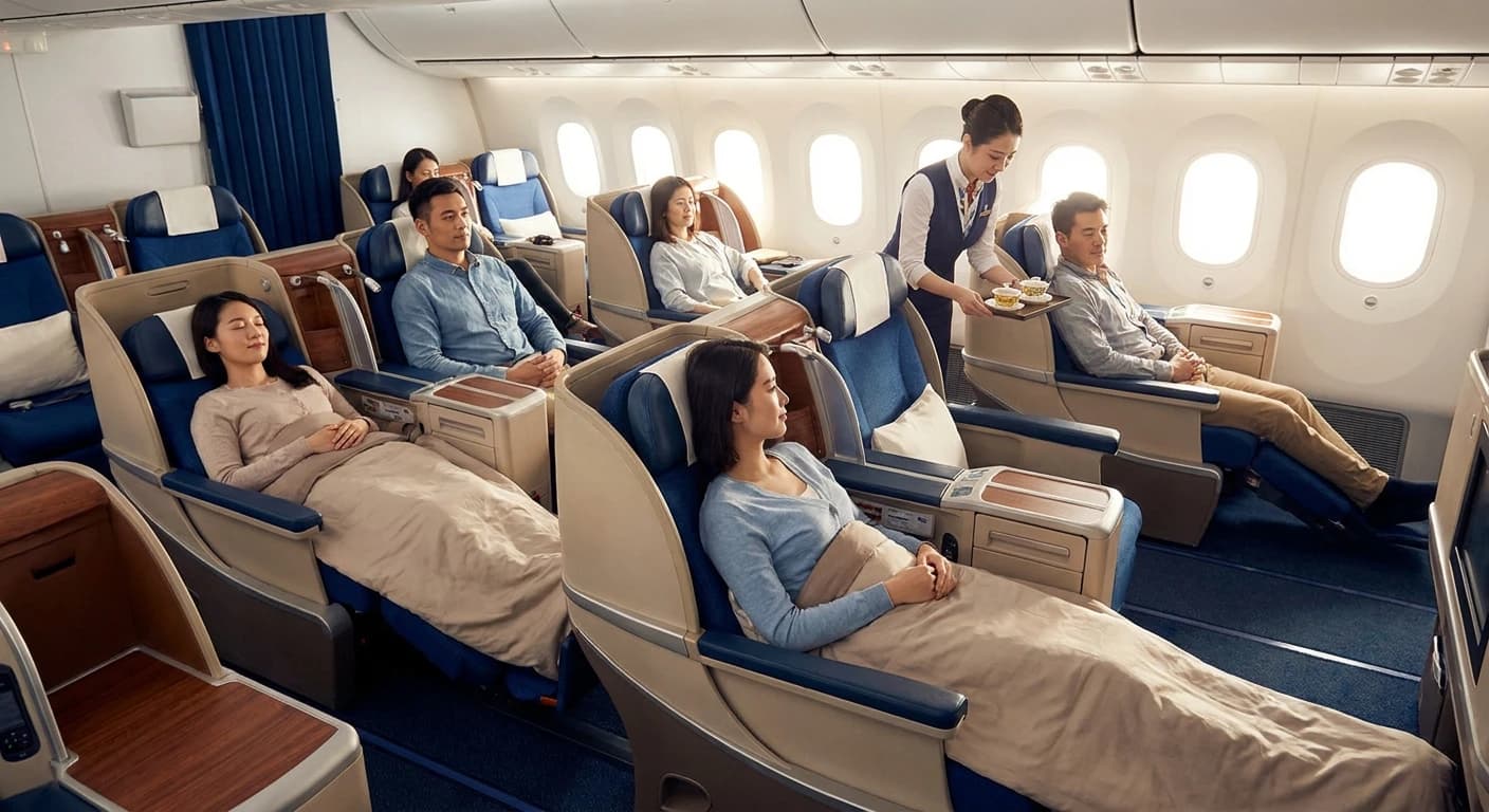 Xiamen Airlines business class cabin with lie-flat seats
