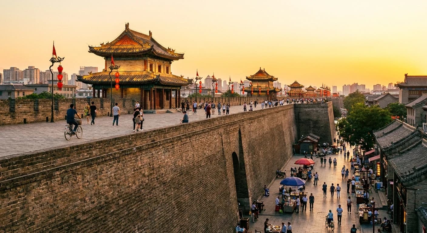 Ancient city walls of Xi'an at golden hour