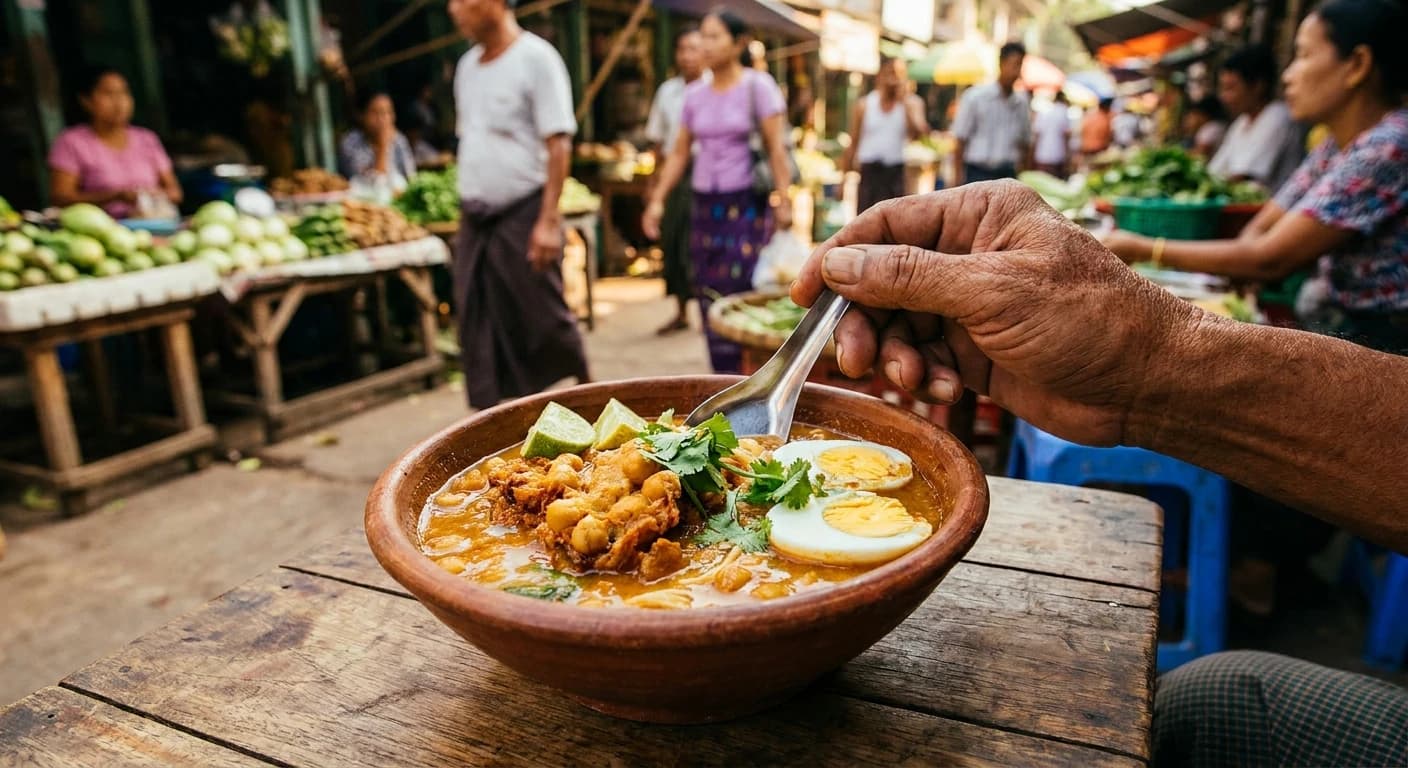 Traditional Burmese mohinga fish noodle soup