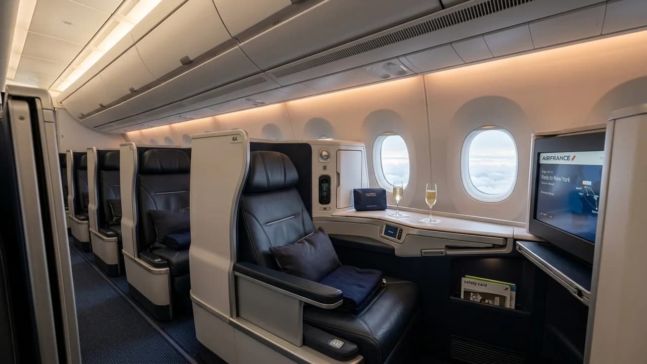 Air France business class cabin with lie-flat suite and premium amenities