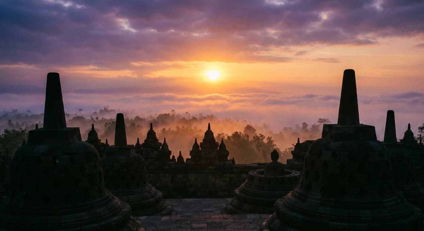 Borobudur temple stupas silhouetted against a misty sunrise