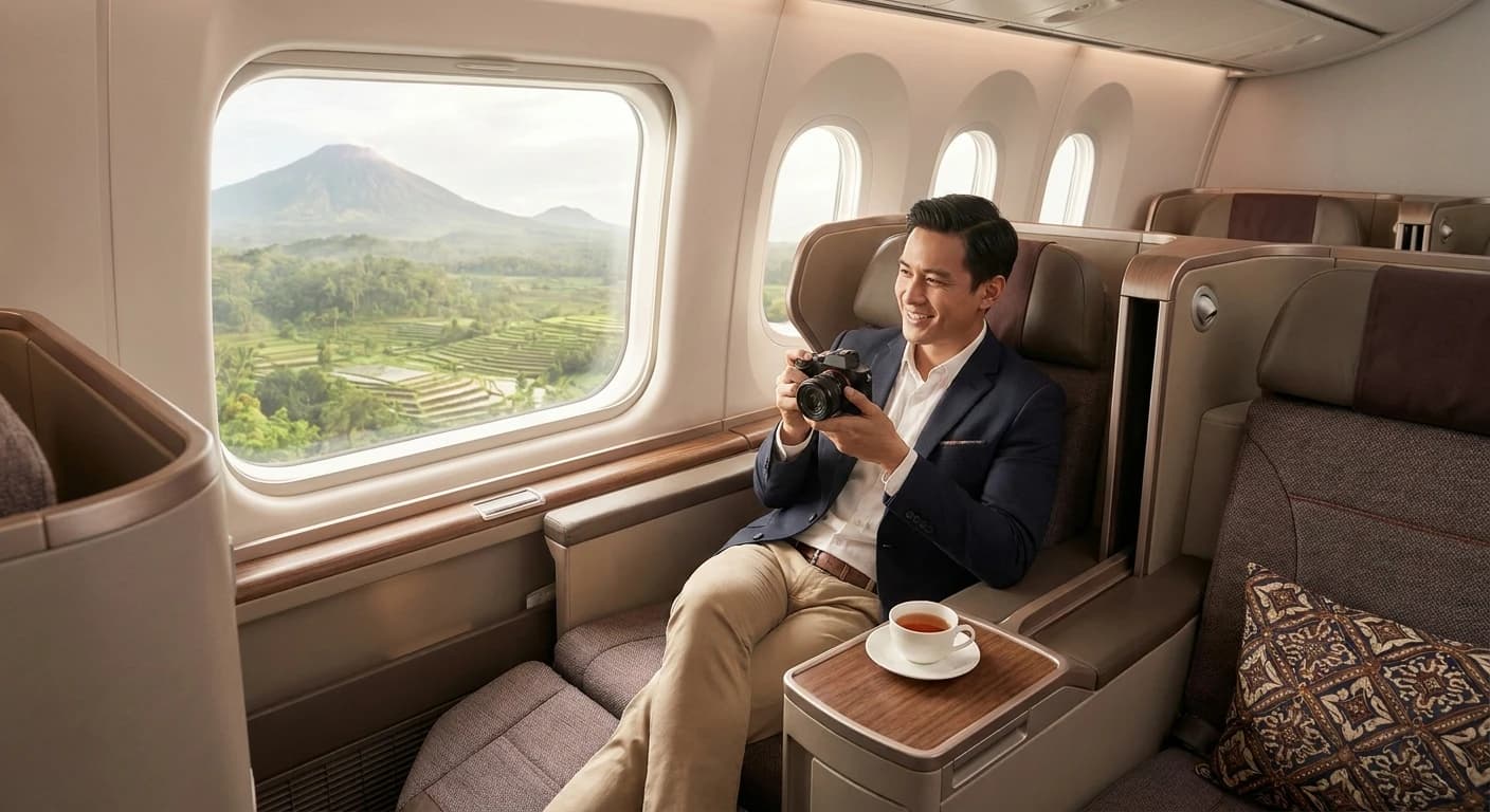 Premium business class suite on flight to Java, Indonesia