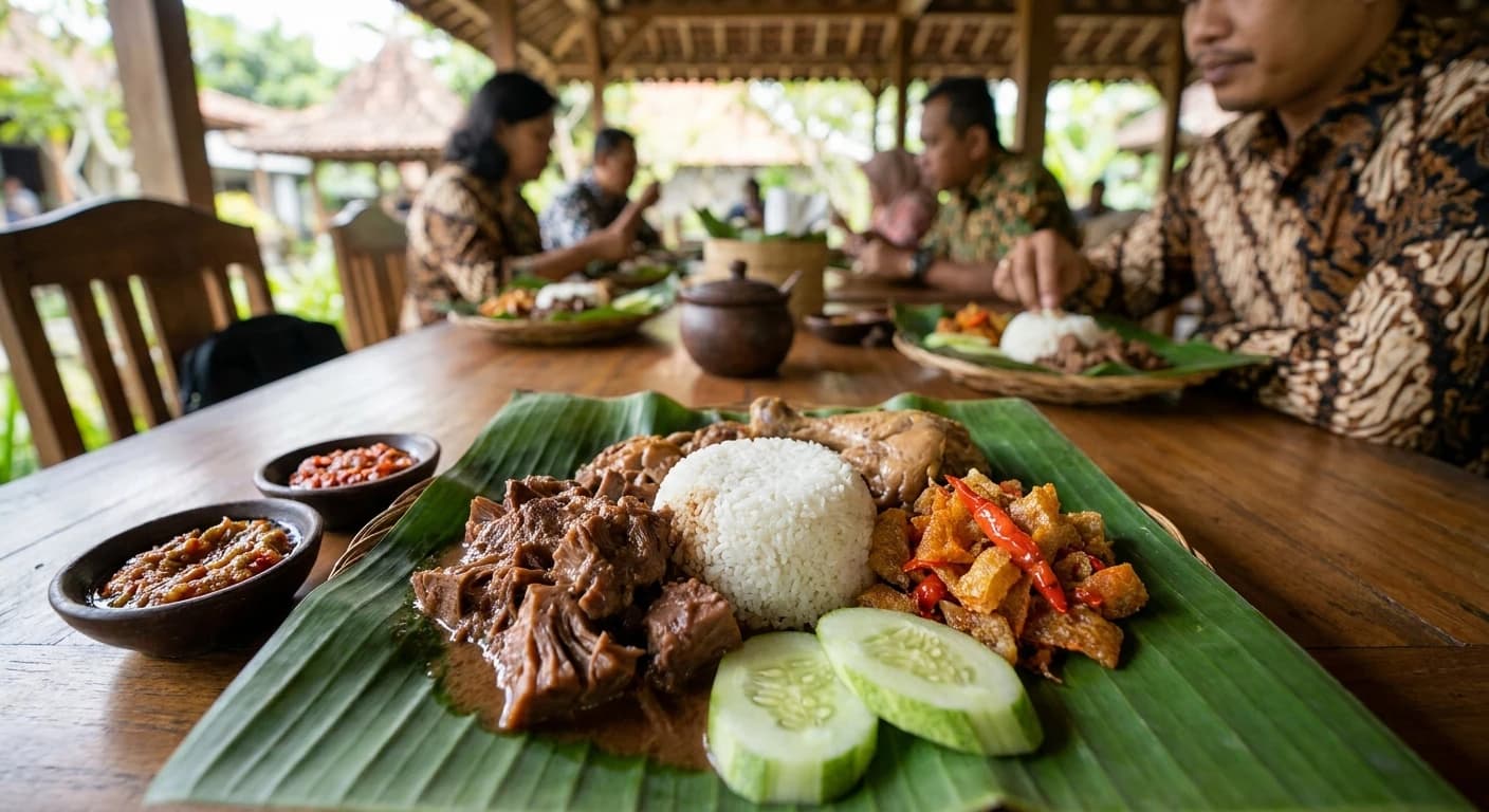 Traditional Javanese gudeg dish with coconut rice