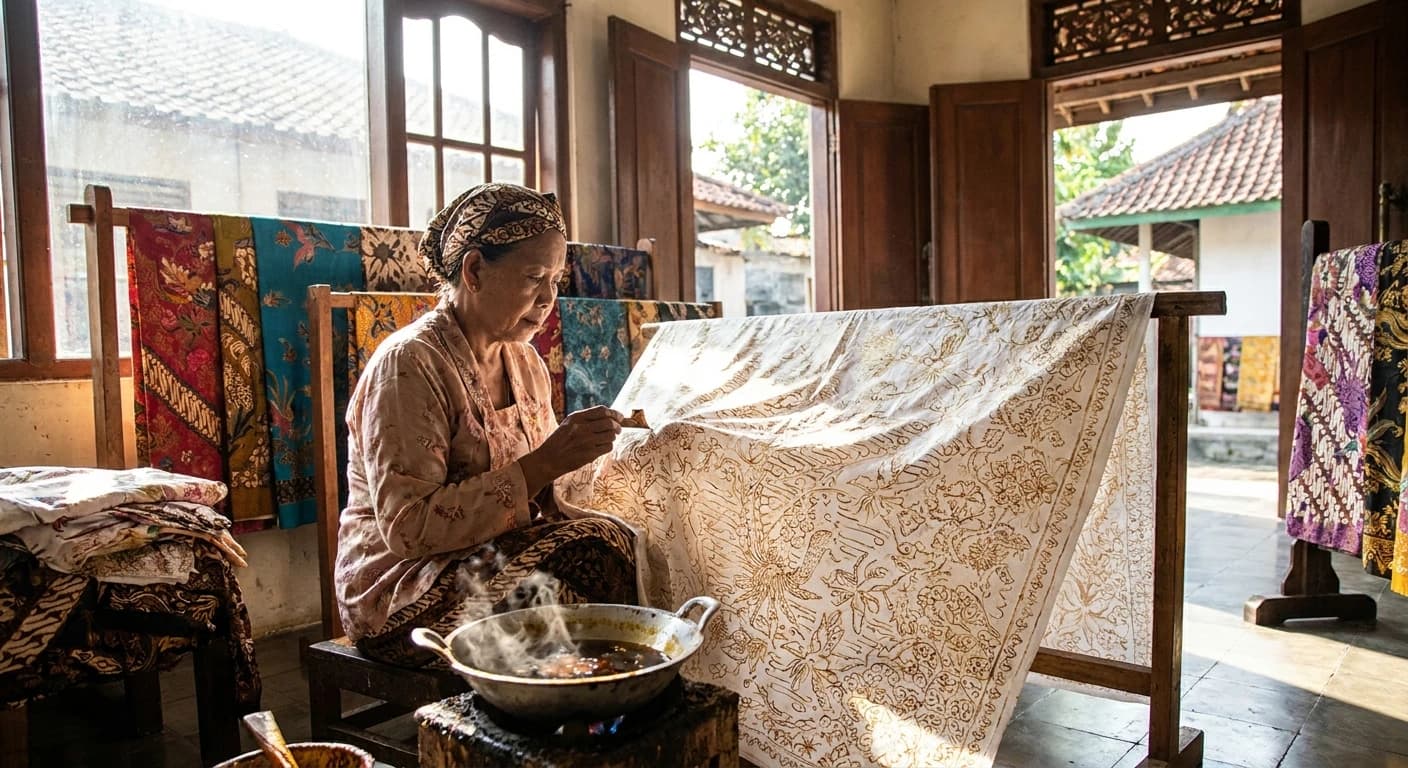 Traditional Javanese batik workshop with artisan creating wax patterns