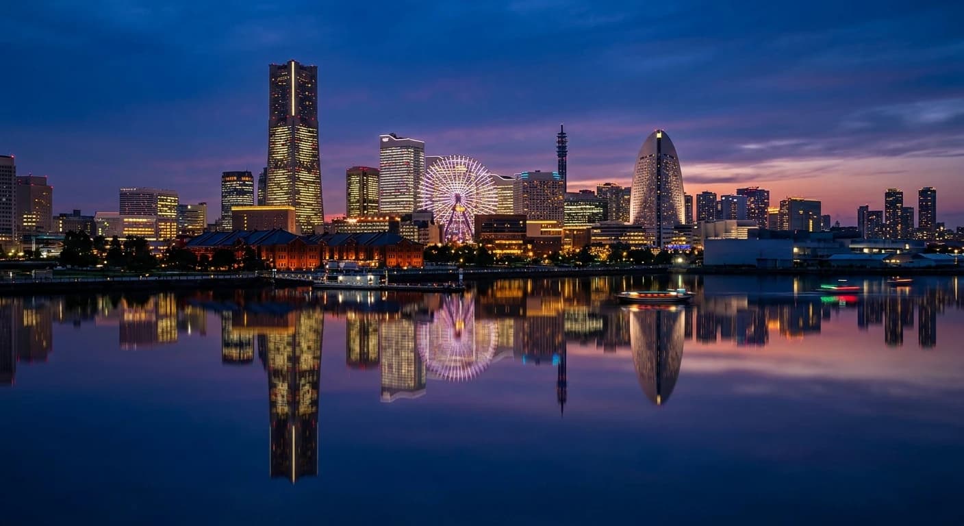 Yokohama Minato Mirai skyline reflecting on the harbor at night