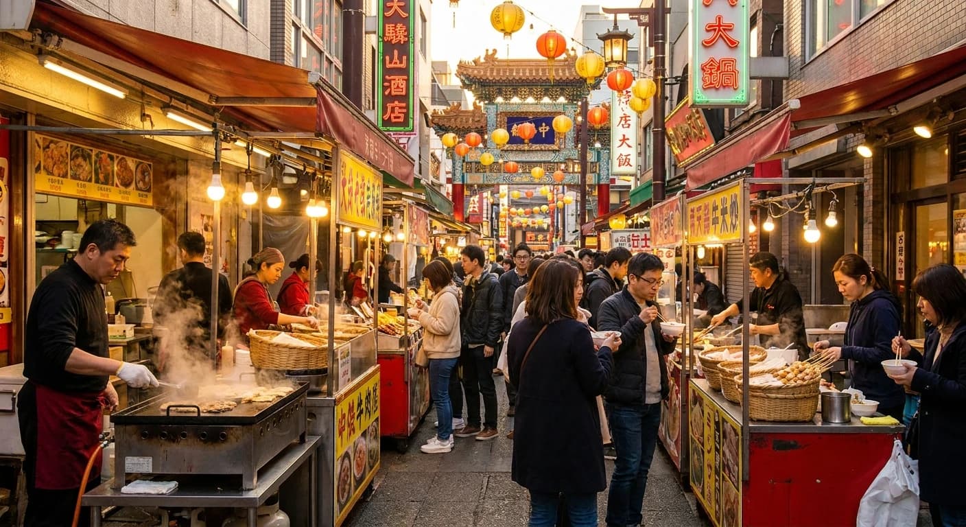 Vibrant food stalls in Yokohama Chinatown