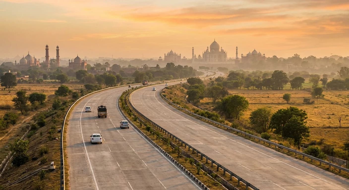 The Yamuna Expressway approach to Agra with Mughal architecture visible in distance