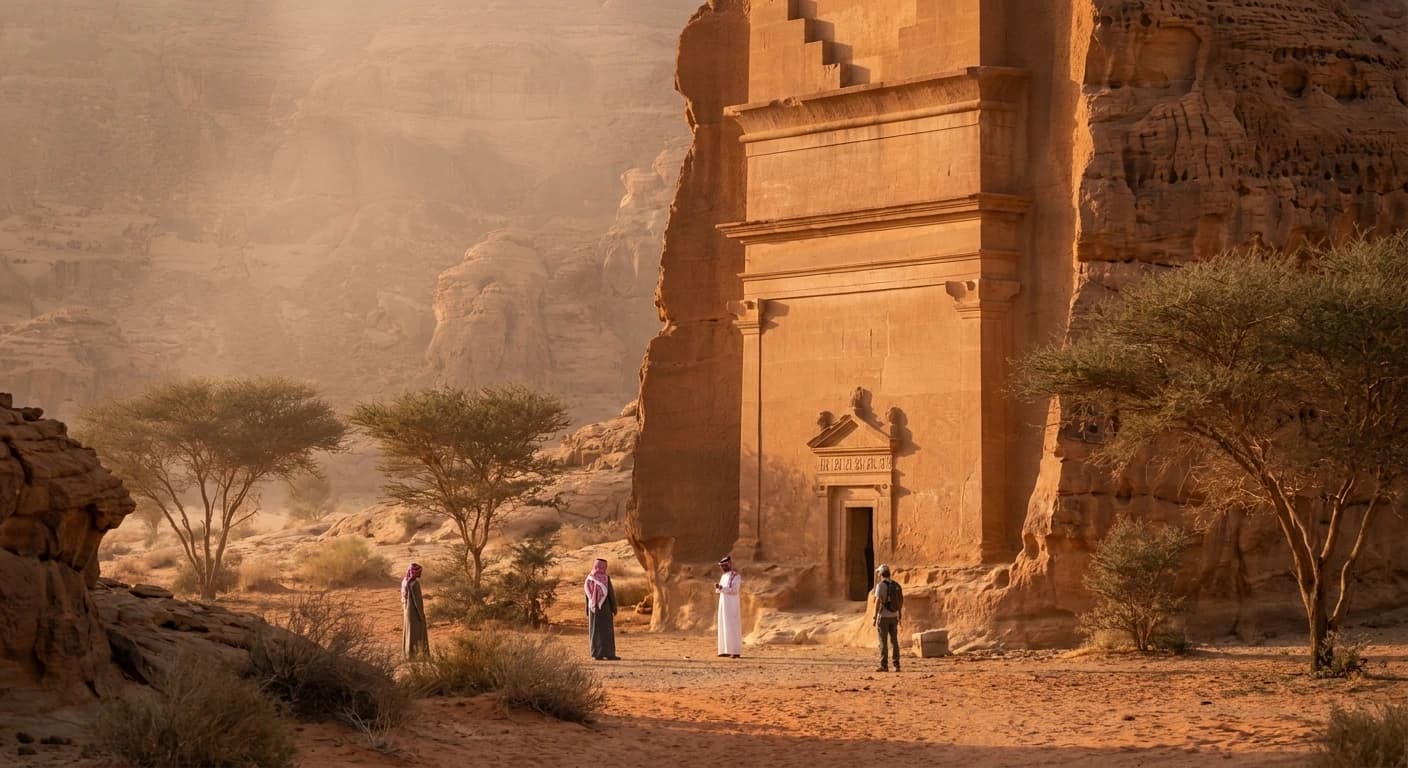 Ancient Nabataean tombs carved into sandstone cliffs at Hegra, AlUla's UNESCO World Heritage Site
