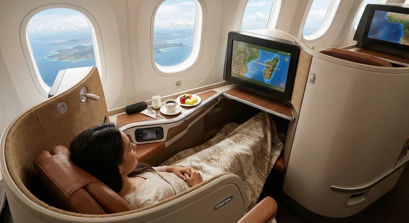 Ethiopian Airlines Cloud Nine business class pod on an Antananarivo-bound Dreamliner