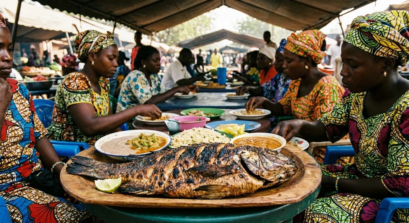 Traditional Malian cuisine with grilled Niger River fish and local dishes in Bamako