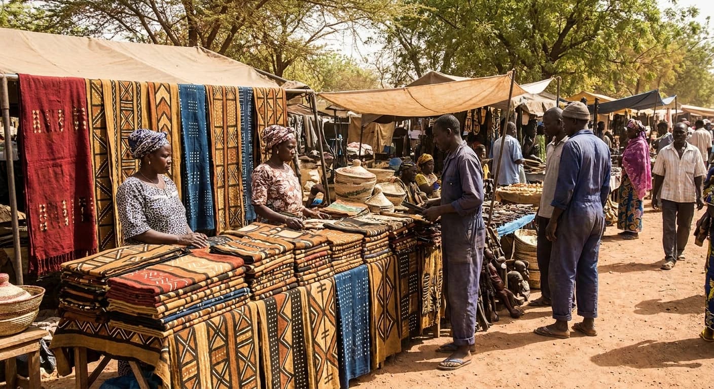 Artisan market with traditional Malian bogolan textiles and crafts in Bamako