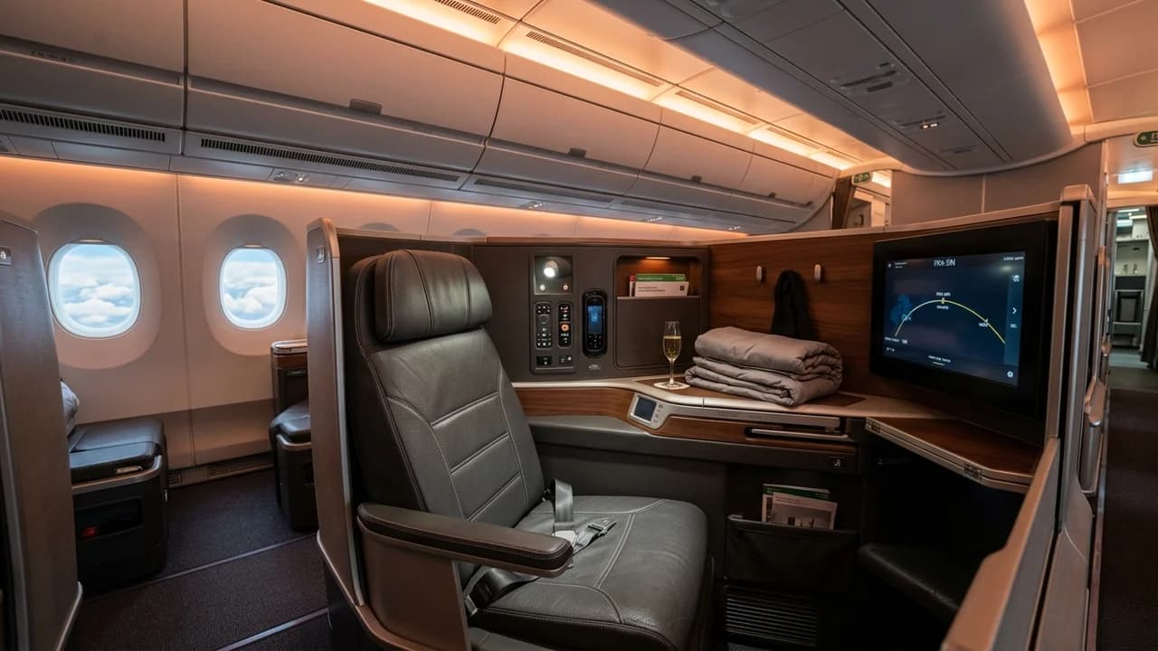 Aerolineas Argentinas business class cabin with lie-flat suite and premium amenities