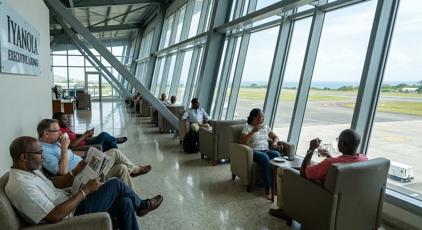 Hewanorra International Airport terminal in Saint Lucia with lush tropical surroundings