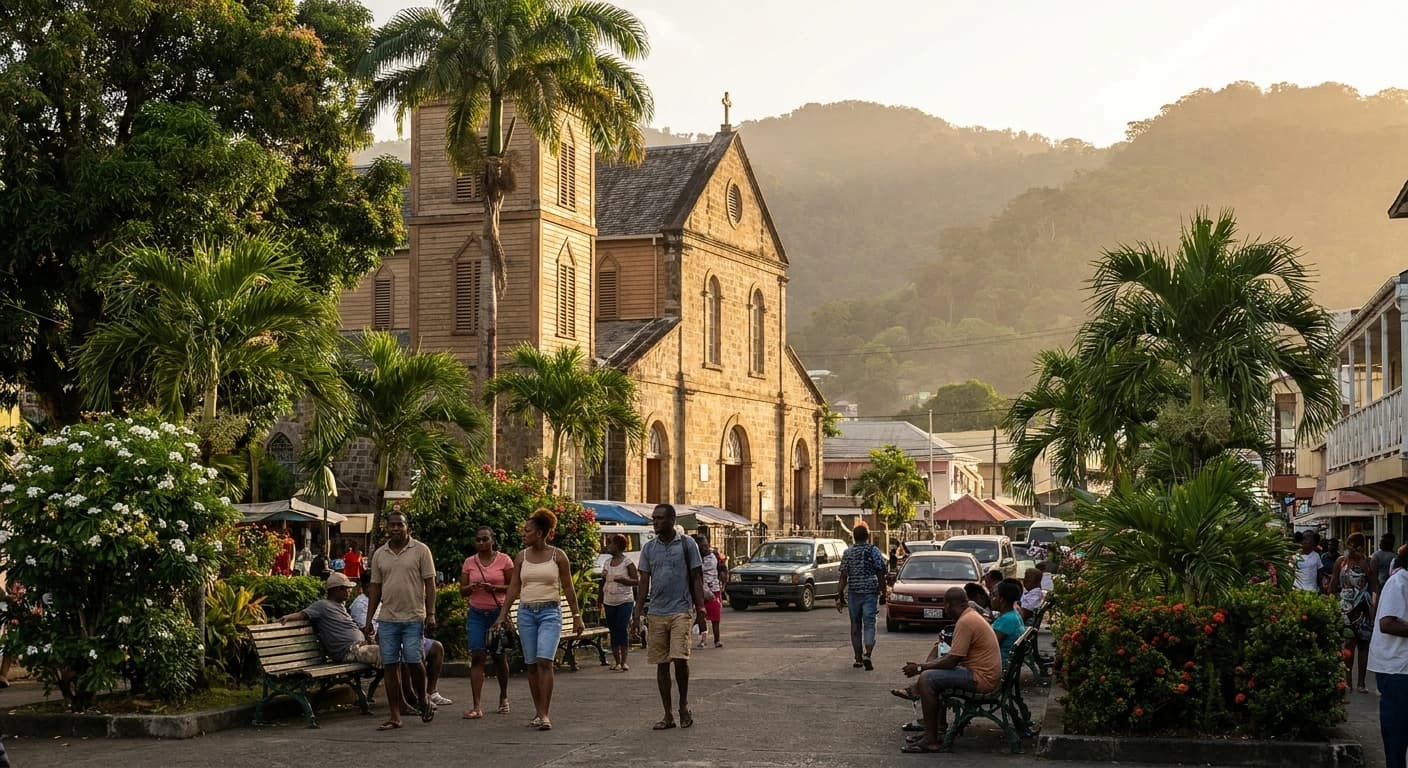 Iconic Pitons volcanic peaks rising from the Caribbean Sea in Saint Lucia at golden hour