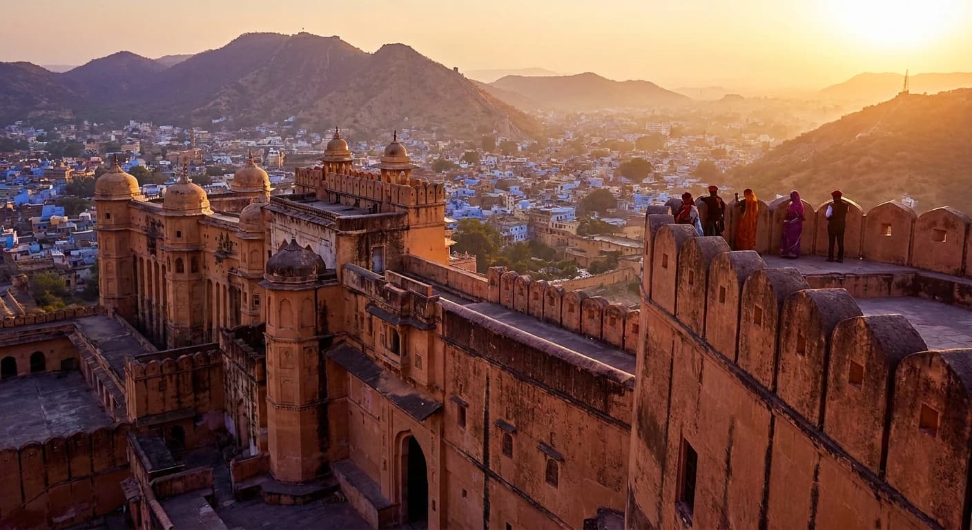 Magnificent Amber Fort overlooking Jaipur at golden hour