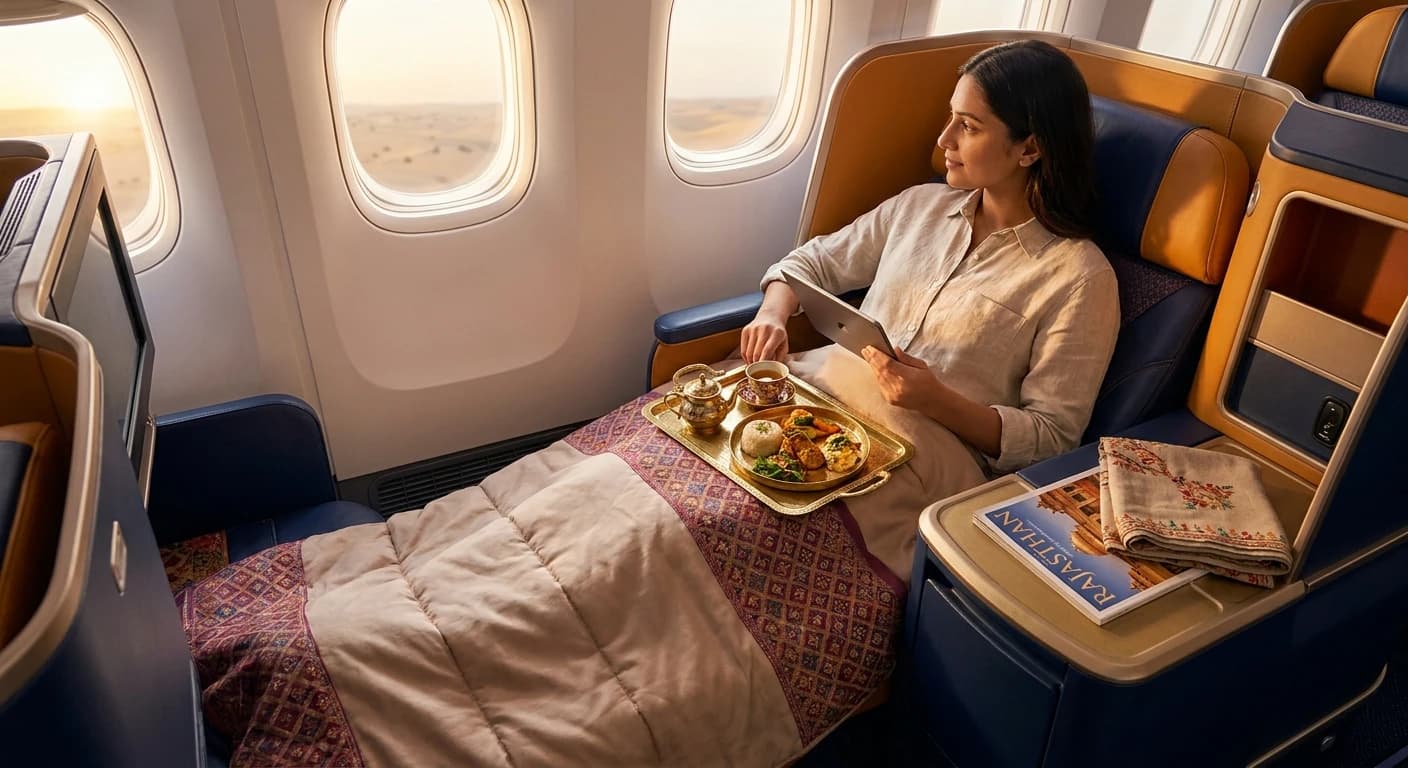 Premium business class cabin with lie-flat suite on a flight to Jaipur