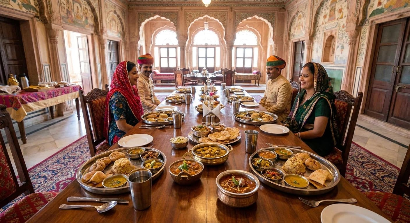 Royal Rajasthani cuisine in an opulent palace dining setting