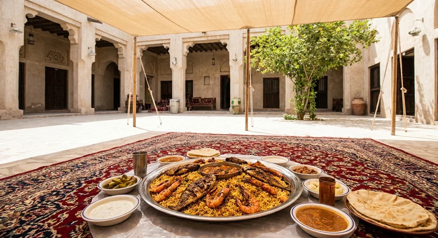 Traditional Kuwaiti cuisine with spiced rice and seafood